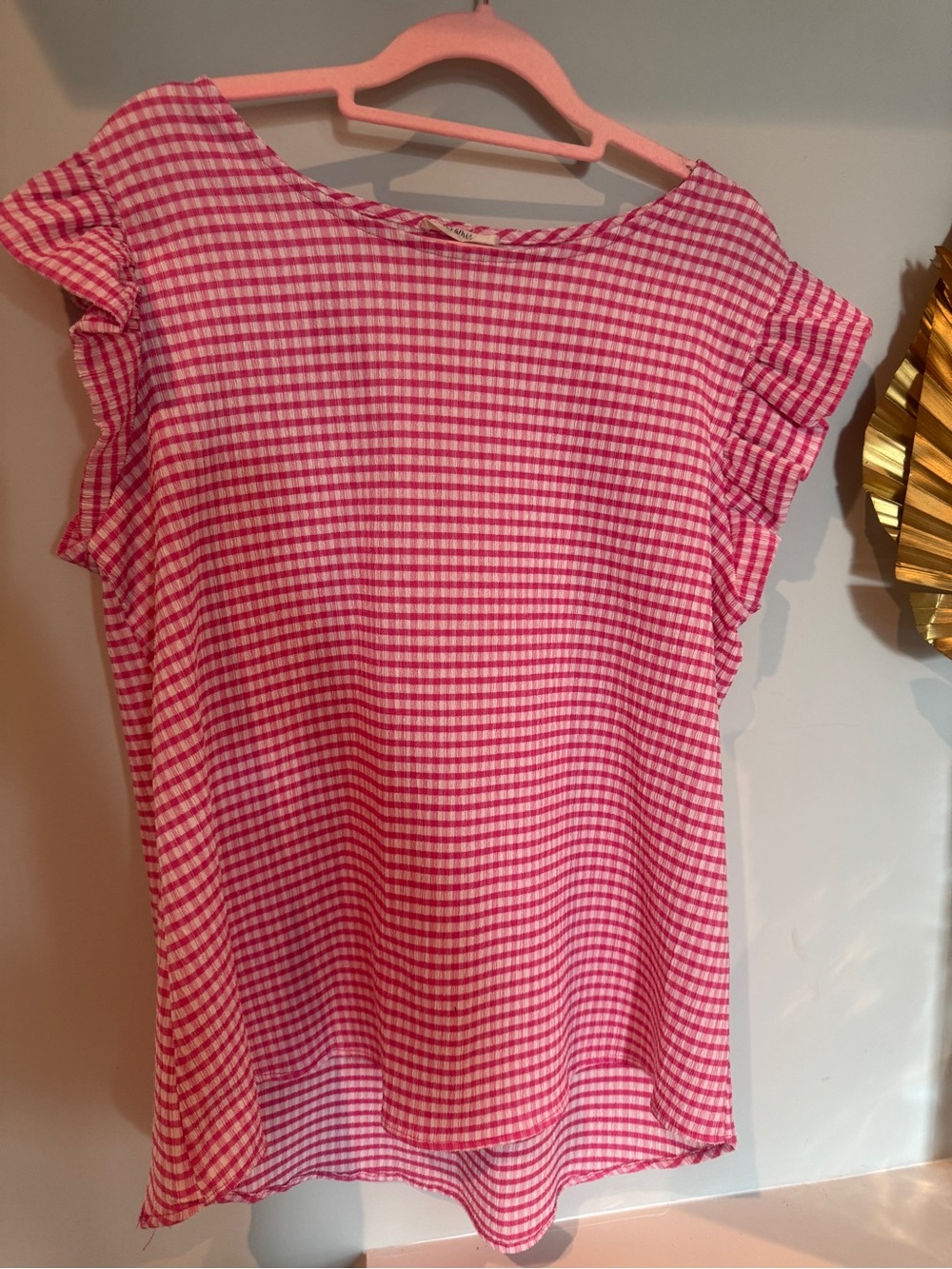 Pink Gingham Ruffle-Sleeve Blouse